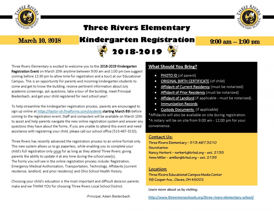 Kindergarten Registration Flyer for March 10, 2018
